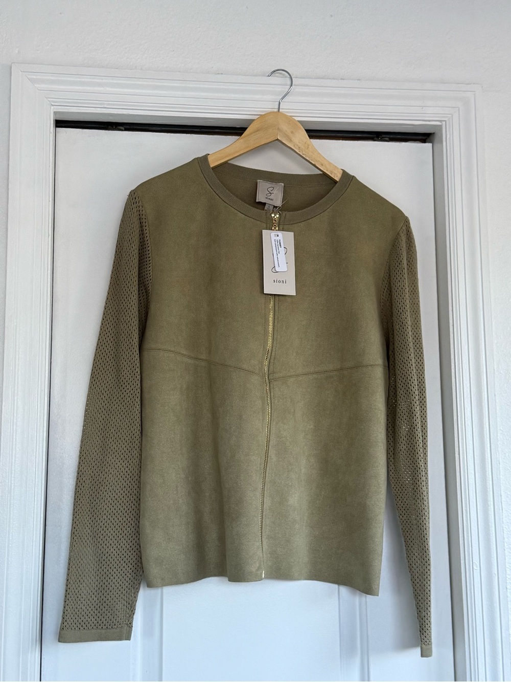 Sioni Olive Green Zip-Front Suede-Look Crewneck Sweater